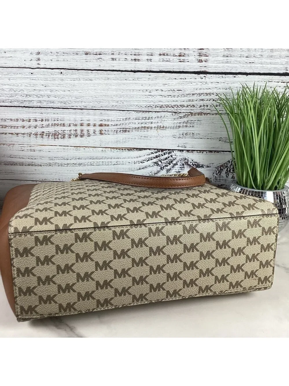 Michael‎ Kors Jet Set Chain Large work Tote Bag Brown tan signature laptop NWT